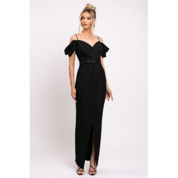 Rochie Laura neagra de seara cu bretele si umeri cazuti