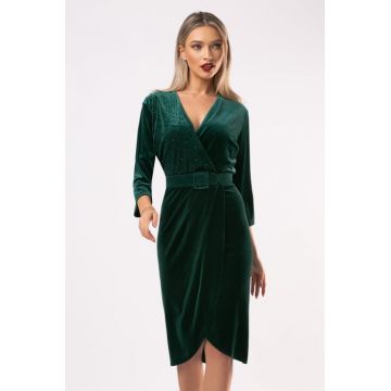 Rochie Lumi marime mare verde din catifea cu perlute pe bust