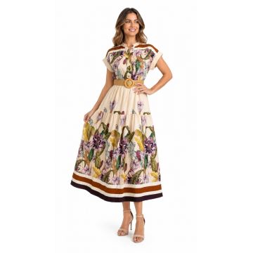 Rochie lunga Celiane, imprimeu floral de zi si curea, Crem Tulip, Marime S/M/L