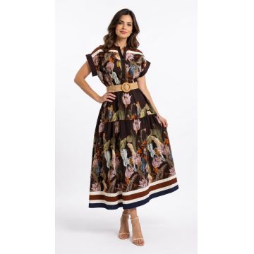 Rochie lunga Celiane, imprimeu floral de zi si curea, MARO Tulip, Marime S/M/L