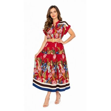 Rochie lunga Celiane, imprimeu floral de zi si curea, Red Tulip, Marime S/M/L