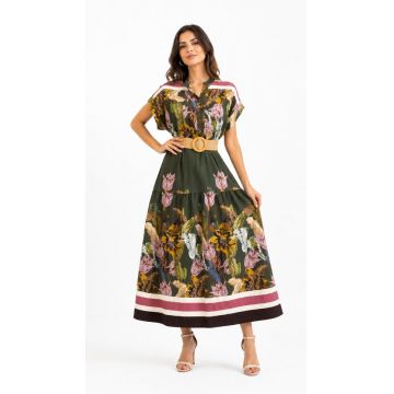 Rochie lunga Celiane, imprimeu floral de zi si curea, Verde Tulip, Marime S/M/L