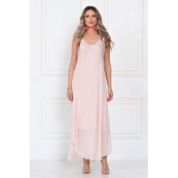 Rochie lunga din matase cu croi fluid si bretele fine, eleganta, roz delicat