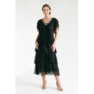 Rochie lunga din matase cu volane suprapuse asimetrice si paiete fine la decolteu, neagra