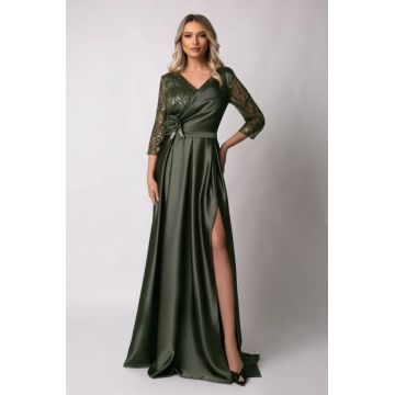 Rochie lunga kaki de ocazie, marime mare cu paiete