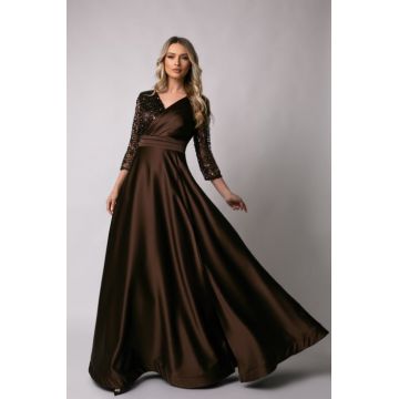 Rochie lunga maro de ocazie, marime mare cu paiete