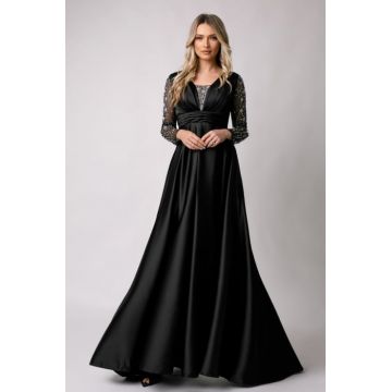 Rochie lunga neagra de ocazie accesorizata cu pietricele