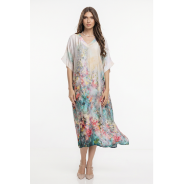 Rochie lunga oversize din vascoza cu imprimeu acuarela si croi lejer, bej