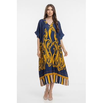 Rochie lunga oversize din vascoza si matase cu imprimeu baroc si croi lejer, bleumarin