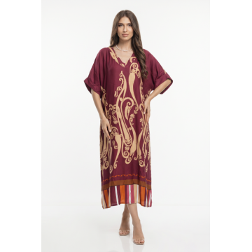 Rochie lunga oversize din vascoza si matase cu imprimeu baroc si croi lejer, bordo