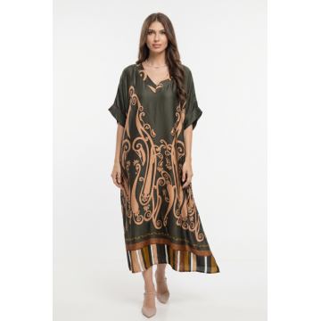 Rochie lunga oversize din vascoza si matase cu imprimeu baroc si croi lejer, kaki