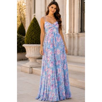 Rochie lunga plisata NYSA, cupe buretate si legare spate, Baby Blue Hortensia, Marime S/M