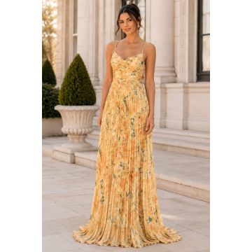 Rochie lunga plisata NYSA, cupe buretate si legare spate, Galben Hortensia, Marime S/M