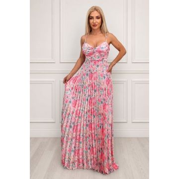 Rochie lunga plisata NYSA, cupe buretate si legare spate, Roz Hortensia, Marime S/M
