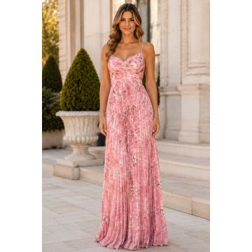 Rochie lunga plisata NYSA, cupe buretate si legare spate, Roz Hortensia, Marime S/M
