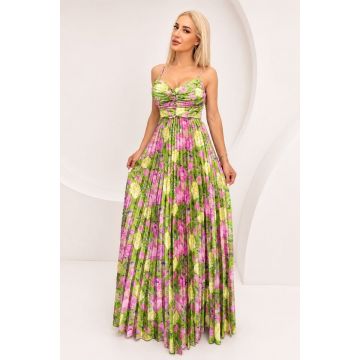Rochie lunga plisata NYSA, cupe buretate si legare spate, Verde Olive, Marime S/M