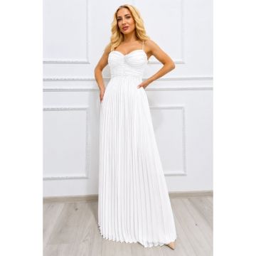 Rochie lunga plisata NYSA UNI, cu legare la spate, Alb, Marime S/M
