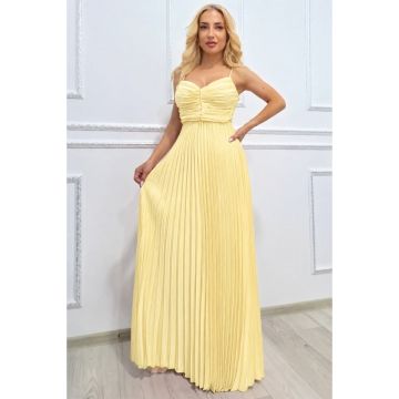 Rochie lunga plisata NYSA UNI, cu legare la spate, Galben, Marime S/M