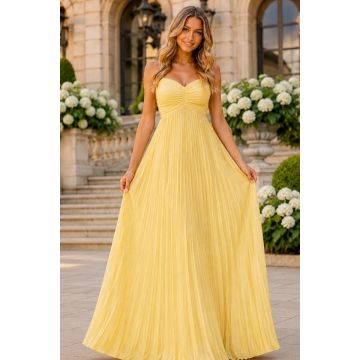 Rochie lunga plisata NYSA UNI, cu legare la spate, Galben, Marime S/M
