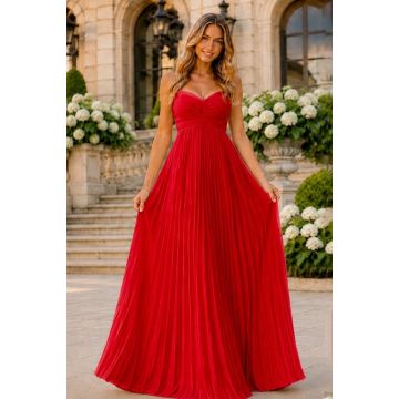 Rochie lunga plisata NYSA UNI, cu legare la spate, Rosu, Marime S/M