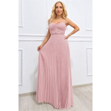 Rochie lunga plisata NYSA UNI, cu legare la spate, Roz, Marime S/M