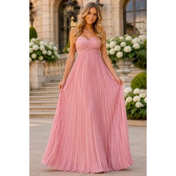 Rochie lunga plisata NYSA UNI, cu legare la spate, Roz, Marime S/M