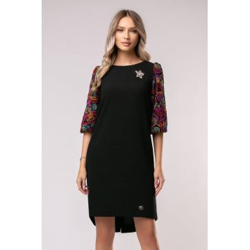 Rochie Marta neagra marime mare cu maneci bufante brodate