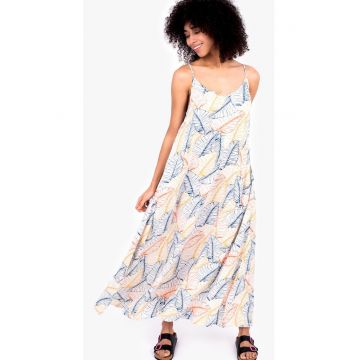 Rochie maxi cu barete inguste si imprimeu cu frunze