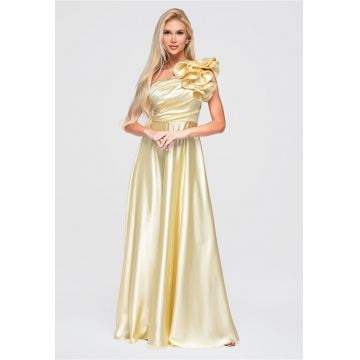 Rochie maxi cu decolteu asimetric - drapare si falbana pentru evenimente LA-OM-DLR362 - Galben