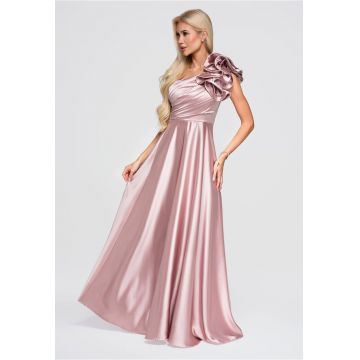 Rochie maxi cu decolteu asimetric - drapare si falbana pentru evenimente LA-OM-DLR362 - Roz