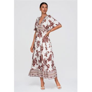 Rochie maxi cu decolteu in V cu maneci scurte OW-DLR-E0010 - Maro
