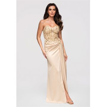 Rochie maxi cu detalii din dantela si satin - Bej