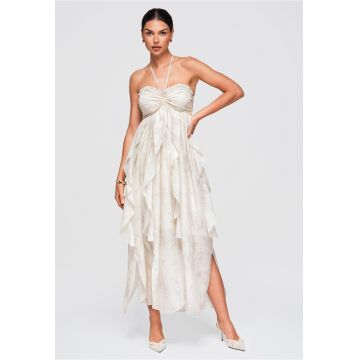 Rochie maxi dama cu design lejer - fara maneci - cu legare la gat OW-DLR-E0016 - Bej -