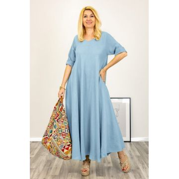 Rochie maxi din in, ampla cu decolteu pe fata si spate, bleu