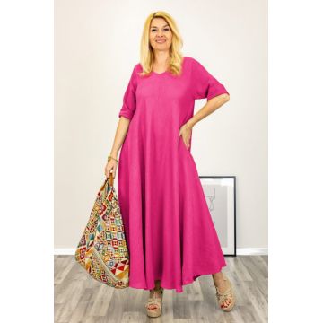 Rochie maxi din in, ampla cu decolteu pe fata si spate, fucsia
