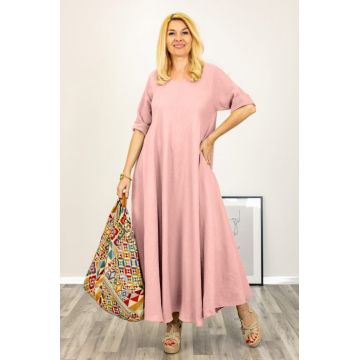 Rochie maxi din in, ampla cu decolteu pe fata si spate, roz prafuit