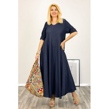 Rochie maxi din in foarte ampla bleumarin cu decolteu pe fata si spate