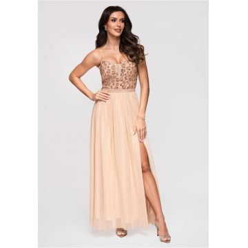 Rochie maxi eleganta de seara cu guler tip corset si aplicatii LA-OM-DLR339 - Auriu -