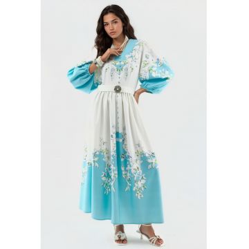 Rochie Maxi -  Floral - Poliester - Maneci Lungi - Albastru
