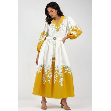 Rochie Maxi -  Floral - Poliester - Maneci Lungi - Galben chihlimbar