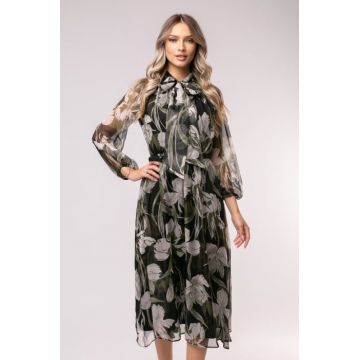 Rochie Mevi verde din matase cu imprimeu floral