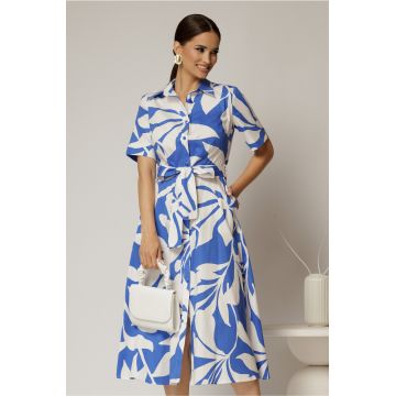 Rochie midi alba cu imprimeu albastru tip camasa din poplin cu cordon in talie
