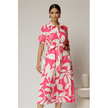 Rochie midi alba cu imprimeu fucsia tip camasa din poplin cu cordon in talie