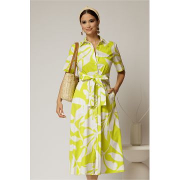 Rochie midi alba cu imprimeu verde neon tip camasa din poplin cu cordon in talie