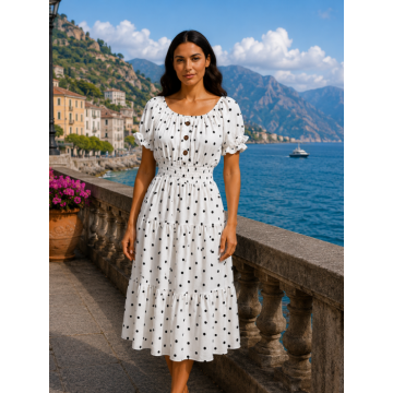 Rochie midi alba de vara imprimata cu buline