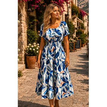 Rochie midi albastra de vara imprimata