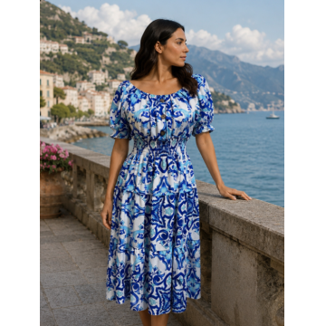 Rochie midi bleu de vara imprimata