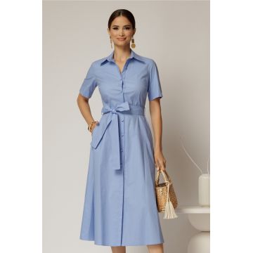 Rochie midi bleu tip camasa din poplin cu cordon in talie