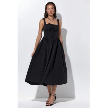 Rochie Midi  Casual - Guler Patrat - Negru - 65% Bumbac