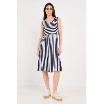 Rochie midi cu model in dungi - Alb/Bleumarin